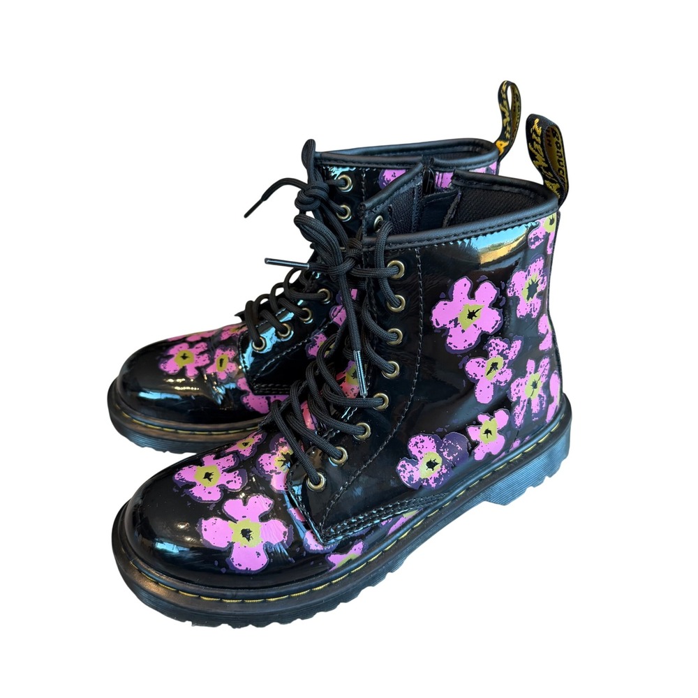 Dr. Martens 1460 J Kids Floral Patent Leather Boots Black Pink US Youth 4 Girl 5